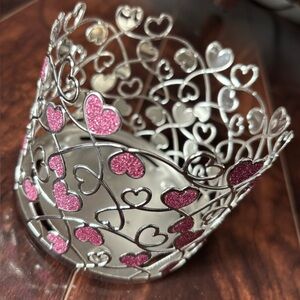 Bath & Body Works Silver and Pink Glitter Heart Valentine 3-Wick Candle Holder